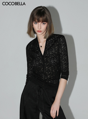 COCOBELLA优雅微透视镂空蕾丝衬衫女深V领长袖针织衫NLC55-2