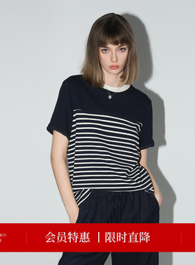 COCOBELLA软糯细针条纹正肩短袖T恤女撞色拼接纯棉针织衫TS7022