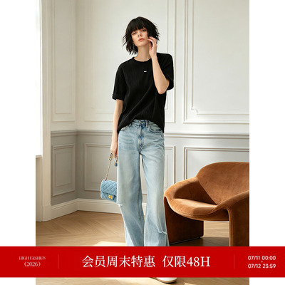 COCOBELLA时尚破洞宽松休闲牛仔裤女春夏水洗磨白直筒阔腿裤DN75