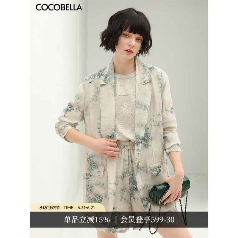 COCOBELLA[烟锁青绿]新国风写意印花贡针西装莱赛尔微透外套SI532