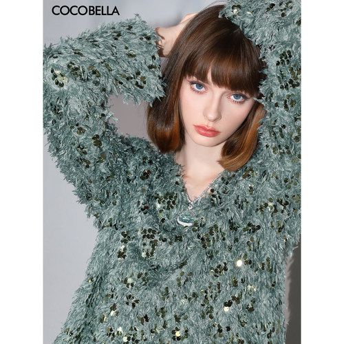 COCOBELLA只此青绿名媛风亮片羽毛纱针织衫秋冬V领上衣TS3013