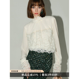 COCOBELLA奥莱女人味优雅多层蕾丝打底衫女赫本风白色雪纺衬衫