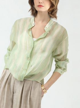 COCOBELLA[莱赛尔]微透视条纹衬衫女肌理感宽松拧花遮阳衫SR7070