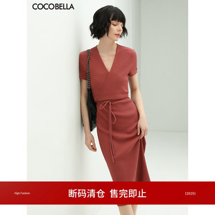 [断码清仓]COCOBELLA围裹式连衣裙女弹力舒适气质短袖针织裙FR167
