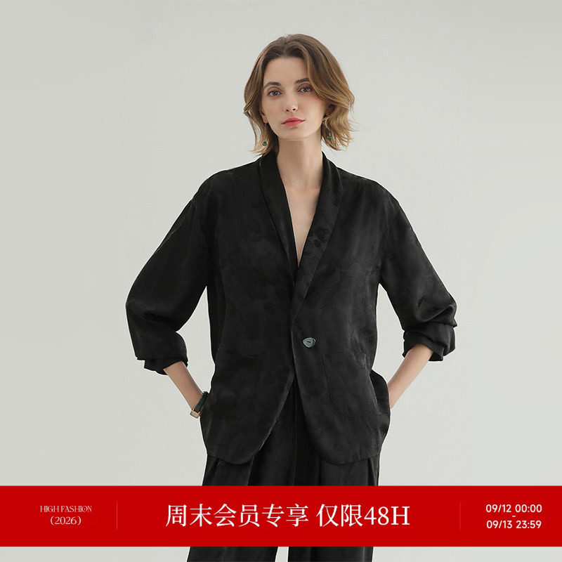 COCOBELLA奥莱新中式暗纹提花丝光缎面西装女早秋通勤正装外套图片