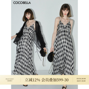 COCOBELLA垂坠黑白格子吊带长裙飘逸大摆海边度假连衣裙FR105