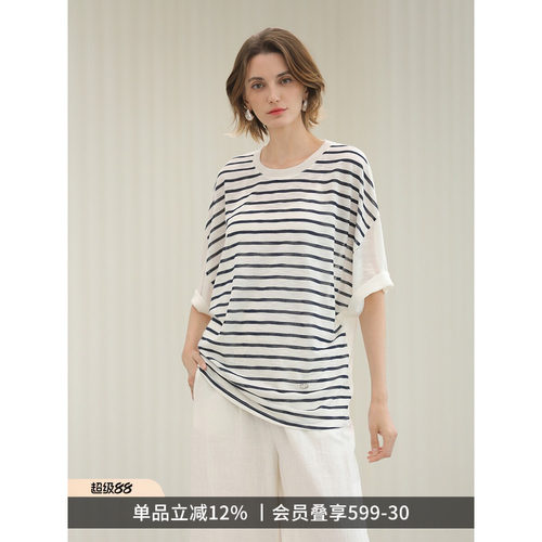 COCOBELLA设计感AB配趣味条纹天丝针织衫女夏休闲短袖T恤TS3207-3