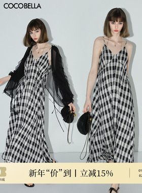COCOBELLA垂坠黑白格子吊带长裙飘逸大摆海边度假连衣裙FR105