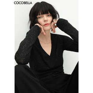 女上衣T恤TS642 V领打底衫 COCOBELLA两穿领型满天星亮片针织衫 时尚
