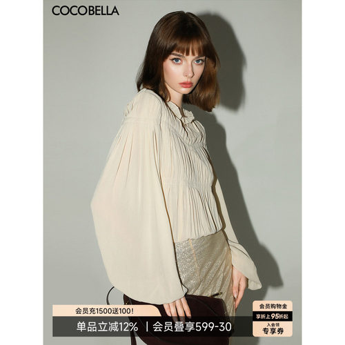COCOBELLA气质名媛风手工压褶木耳边衬衫女春夏飘带衬衣SR7062-2