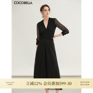 COCOBELLA赫本风假两件双层黑金连衣裙女春夏内搭V领衬衫裙FR7085