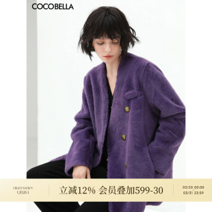 COCOBELLA仿皮草毛毛外套女秋冬无领双排扣短款 通勤显瘦大衣WL56