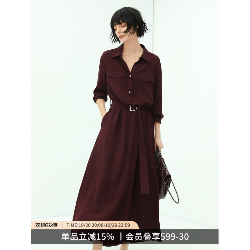 COCOBELLA奥莱[安哥拉红]气质法式连衣裙女肌理褶皱长袖衬衫裙