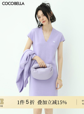 [断码清仓]COCOBELLA字母刺绣V领短袖连衣裙通勤休闲针织裙FR155
