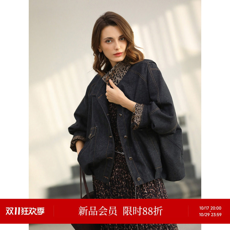 COCOBELLA奥莱设计感豹纹牛仔外套女秋冬短款廓形宽松休闲上衣潮