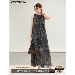 COCOBELLA法式雪纺印花无袖连衣裙女夏手工捏褶A字裙度假风FR3053