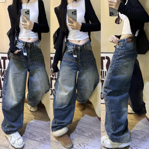 复古水洗弯刀多袋工装牛仔裤女2026秋季新款百搭宽松阔腿显瘦长裤