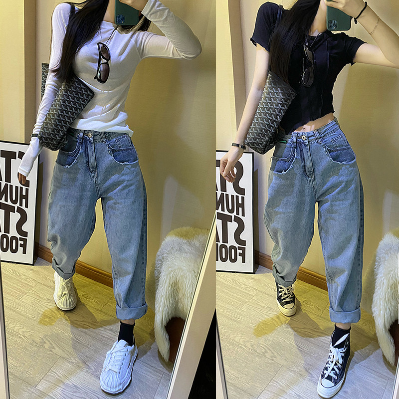 2025年夏季新款做旧蓝高腰哈伦牛仔裤女薄款韩版宽松老爹跨裤女潮