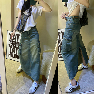 欧货2025春季高腰复古工装做旧色水洗侧口袋后开叉A字牛仔半身裙