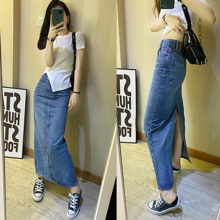 2025春秋新款欧洲站牛仔半身裙女高腰港味蓝色牛仔显瘦包臀长裙子