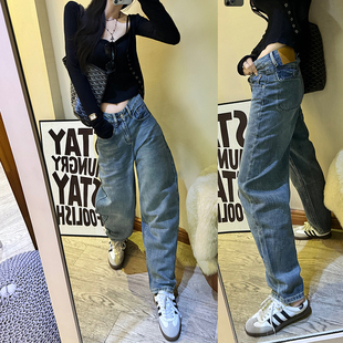 女潮 怀旧蓝水洗高腰宽松直筒牛仔哈伦老爹垮裤 2025欧版 货春秋新款