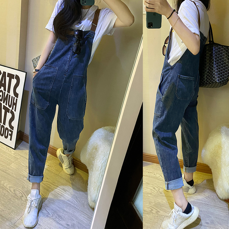欧洲站新款2025春秋牛仔背带裤女韩版宽松显瘦老爹吊带裤九分裤潮