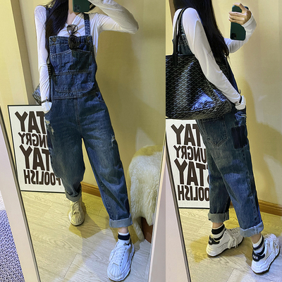 破洞宽松牛仔背带长裤女春秋新款