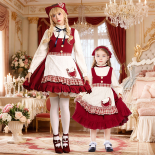 万圣节亲子装连衣裙复古酒红格纹围裙母女装洛丽塔舞台服日常洋装