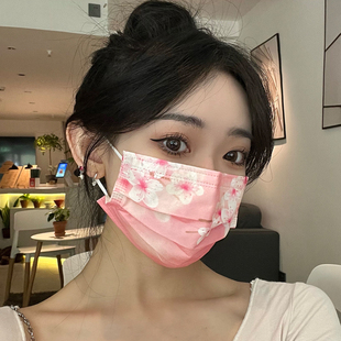 古风口罩女高颜值秋冬季 潮 一次性可爱女生印花粉红色三层2024新款