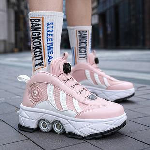 儿童带刹车暴走鞋双排四轮可收缩隐形溜冰鞋女童轮滑鞋成人轮子鞋