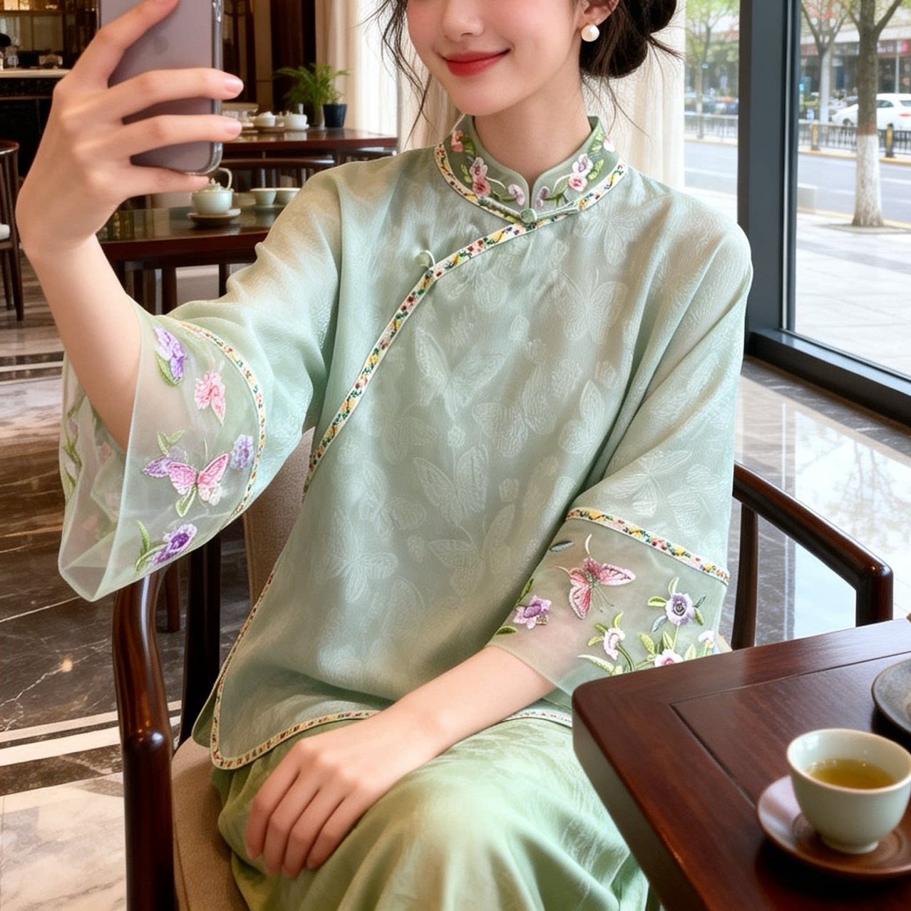 新中式改良旗袍上衣女立领刺绣唐装减龄宽松茶服国风七分袖衬衫