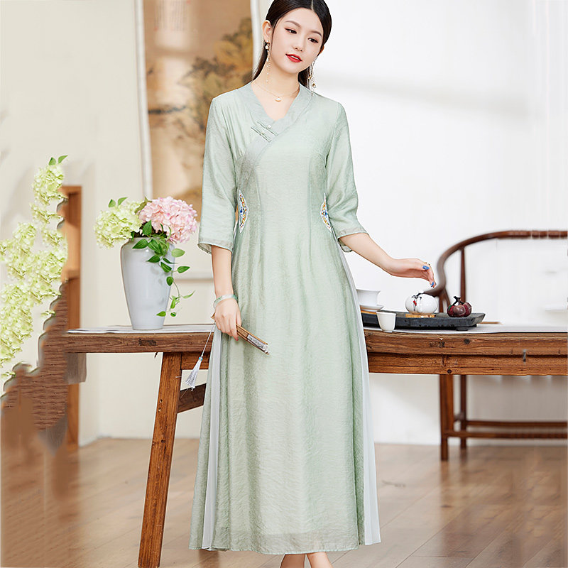 汉服夏款女改良汉元素连衣裙日常中式禅意茶服复古民国风修身旗袍_虎窝淘