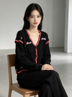 鞠婧祎明星同款毛衣撞色花边麻花针织开衫甜美设计感外套上衣女潮