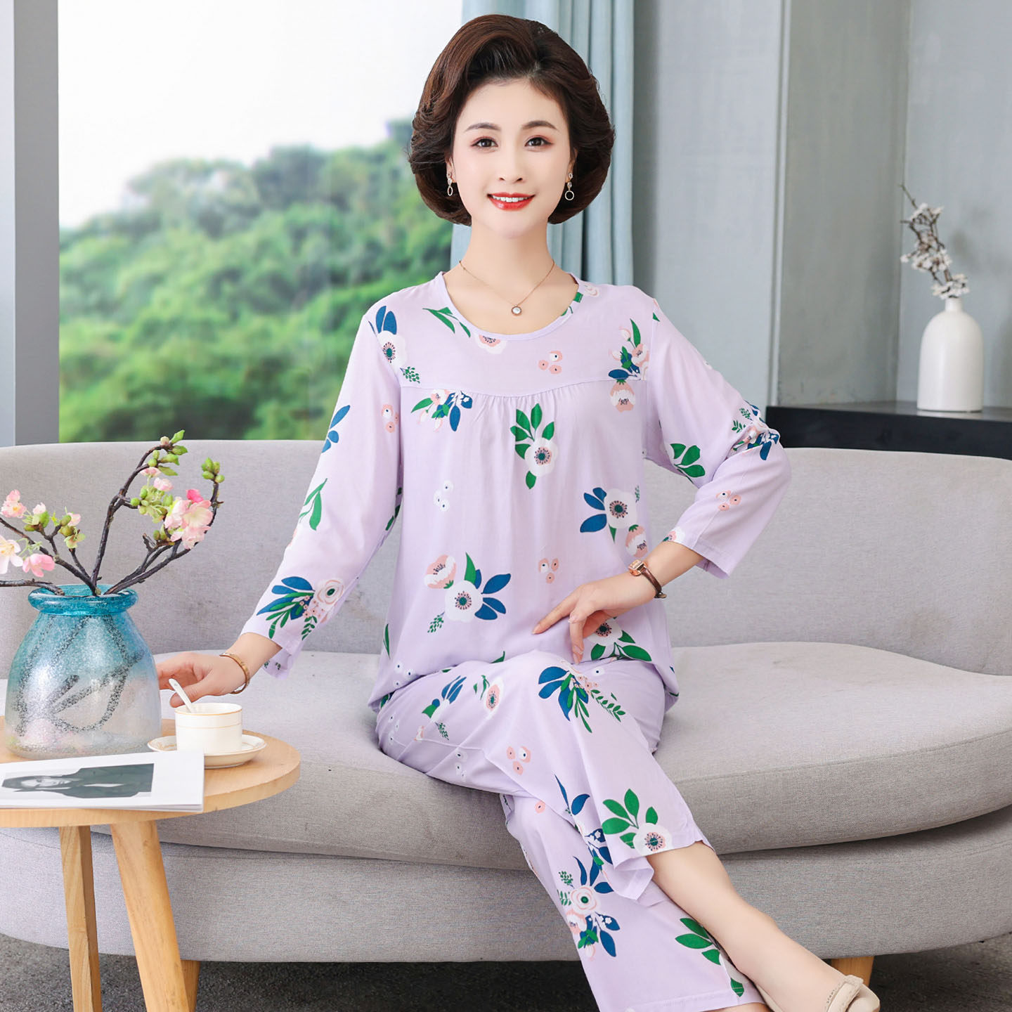 妈妈睡衣春秋女款中老年长袖套装棉绸家居服人造棉女休闲大码夏天