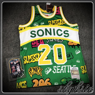 M&N 手套加里佩顿 西雅图超音速队满印涂鸦SW球衣 MN复刻刺绣球服