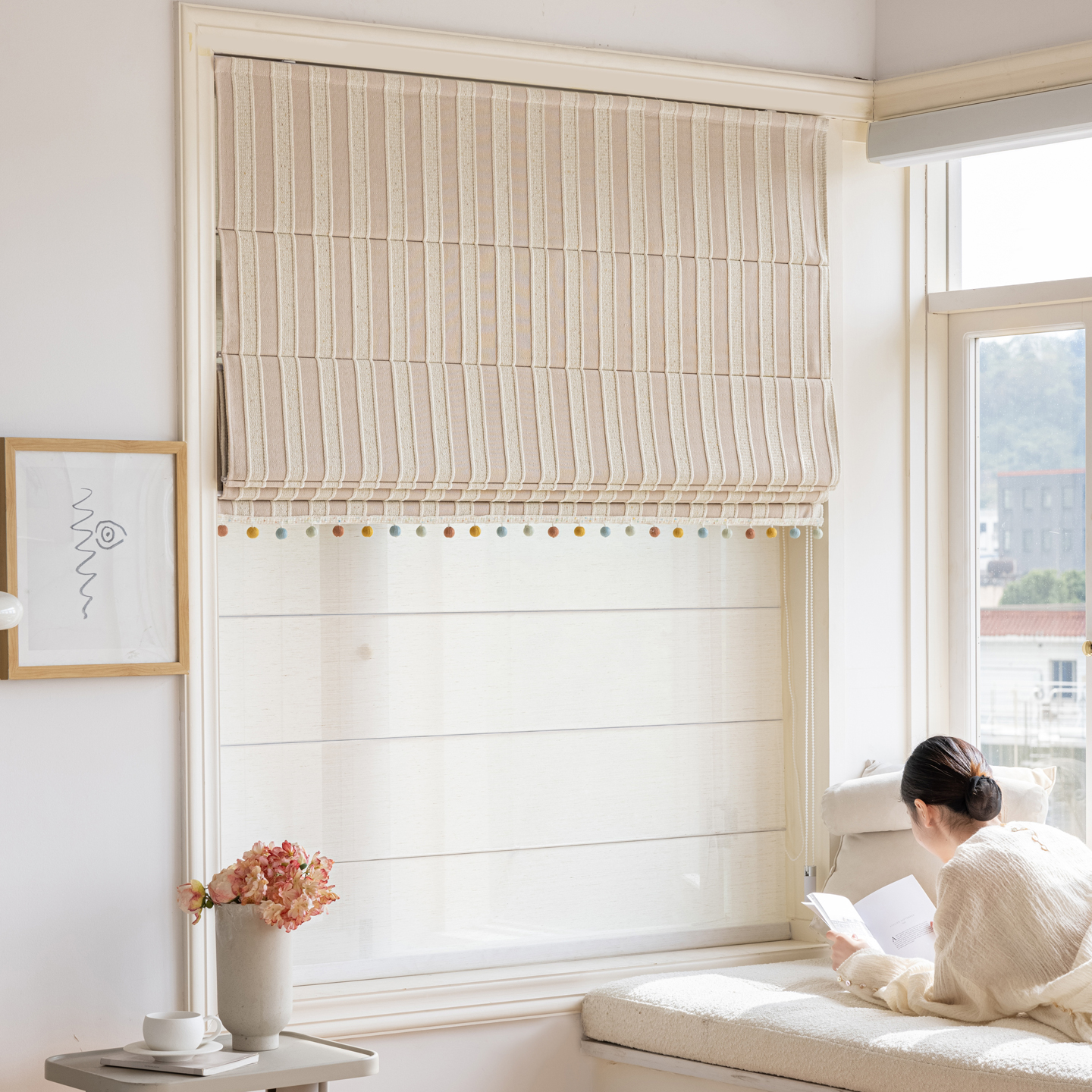 26年新款法式奶油ins风竖条纹儿童房双层罗马帘书房飘窗升降窗帘