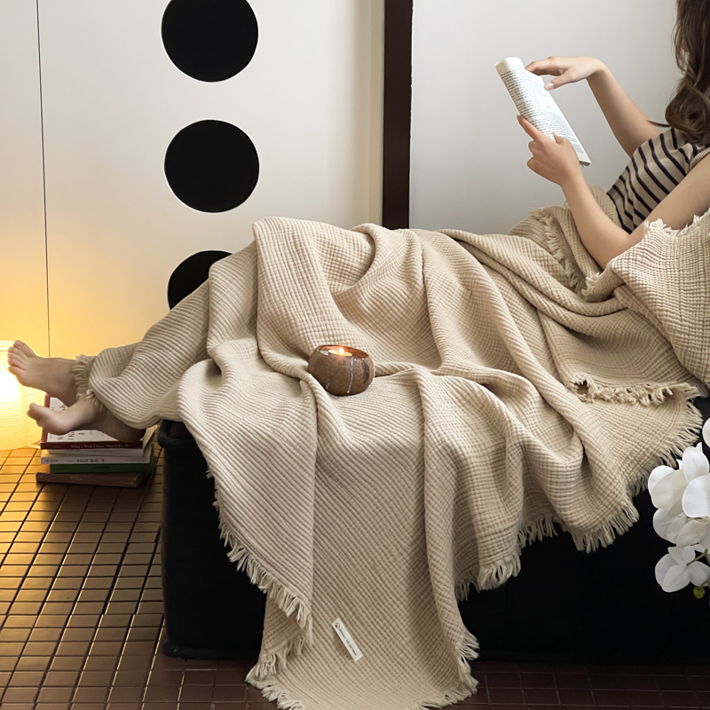H&J诧寂风全棉四层皱皱纱流苏一体毯多功能盖毯简约床上用品新款