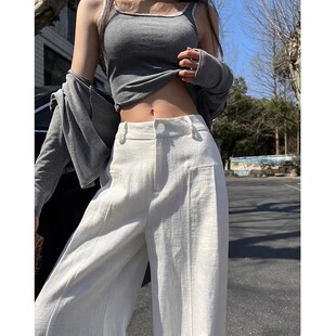 休闲裤 白色亚麻阔腿裤 高腰垂感老钱风直筒棉麻直筒西装 新款 女秋季
