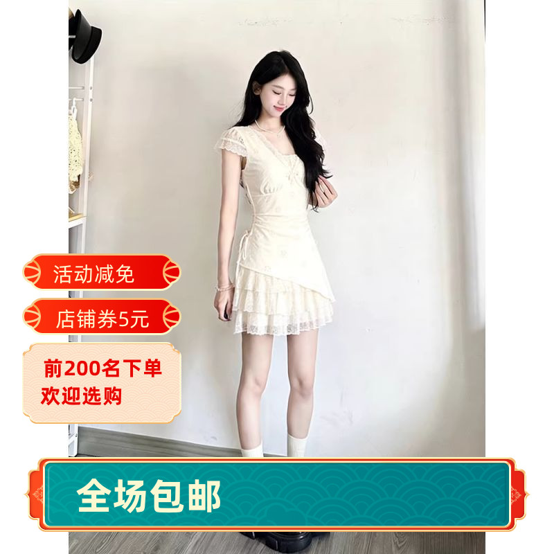 白色连衣裙女夏天裙子v领收腰短款初恋小白裙韩系穿搭party轻礼裙图片