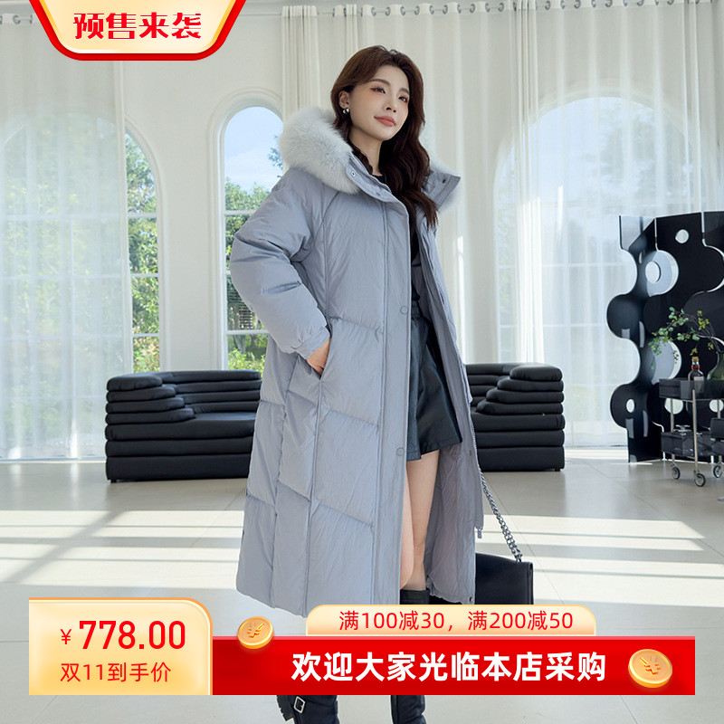 2025冬新款 90白鸭绒羽绒服狐狸大毛领女宽松连帽中长款过膝加厚
