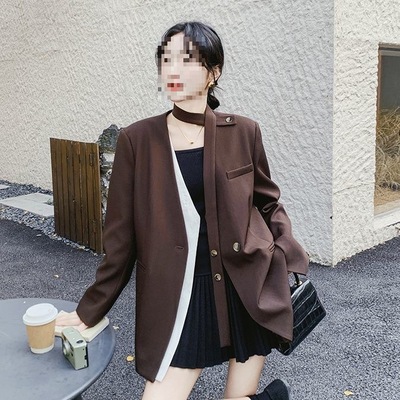 咖色时尚假两件西装无领外套春季新款气质飘带设计感休闲西服