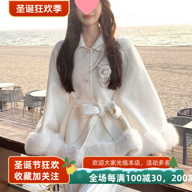 收腰毛呢外套半身裙套装蝴蝶结气质高级感呢子大衣涤纶有吊牌拼接