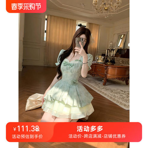 春夏新款法式气质甜美温柔小清新泡泡袖修身少女感公主短袖连衣裙