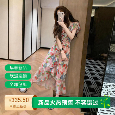 气质花色荷叶边连衣裙女26夏特别漂亮掐腰小个子绝美巨好看长裙子