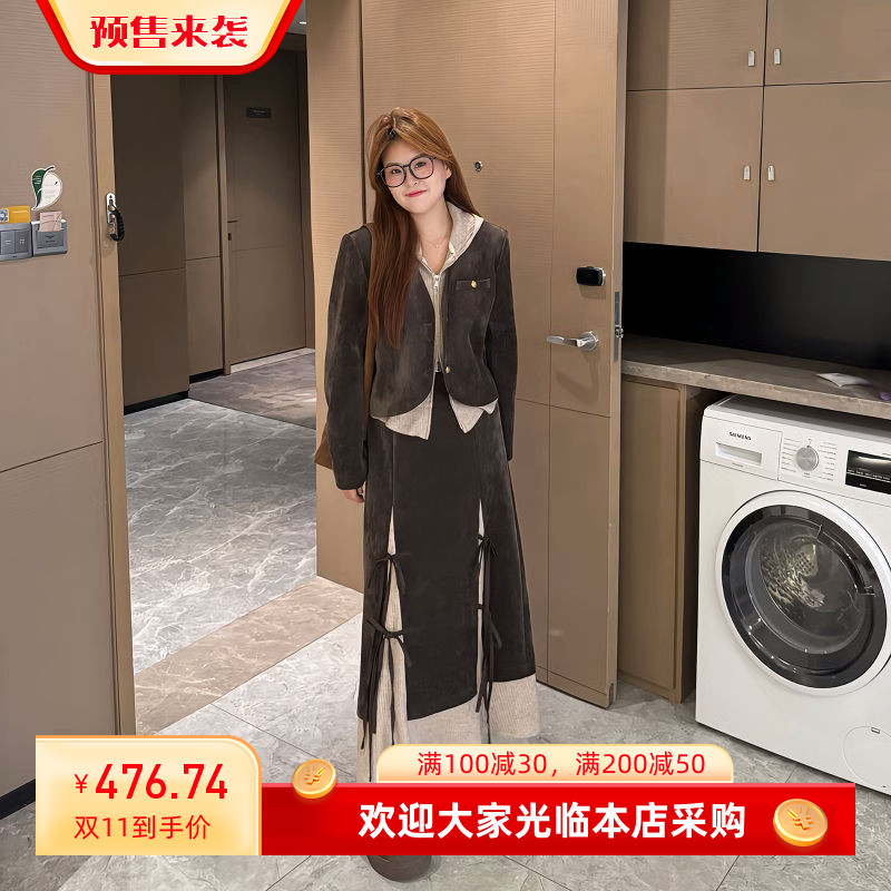 大码女装秋2025新款显瘦休闲假两件连帽外套不规则拼接半身裙套装
