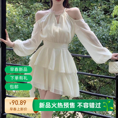 法式白色长袖连衣裙仙女夏季仙气收腰雪纺短裙荷叶边蛋糕a字裙子