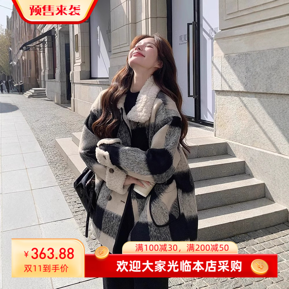 黑白格纹毛呢女外套冬季2025年夹棉内胆加厚呢子大衣小个子中长款