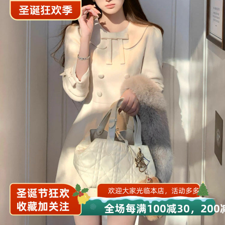 牛奶酒酿 奶油彼得潘翻领蝴蝶结双排扣连衣裙