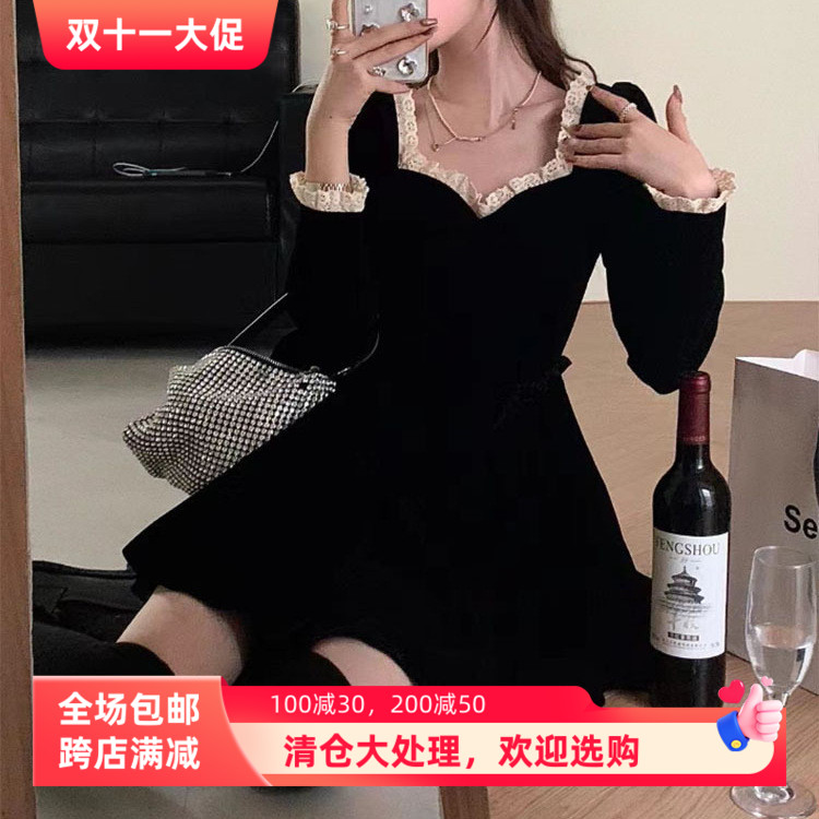 柠檬绿茶法式名媛千金花边丝绒气质长袖连衣裙