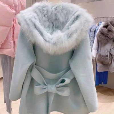 温柔风韩系韩剧女主呢子大衣赫本风感冬装蓝色毛呢外套秋冬季